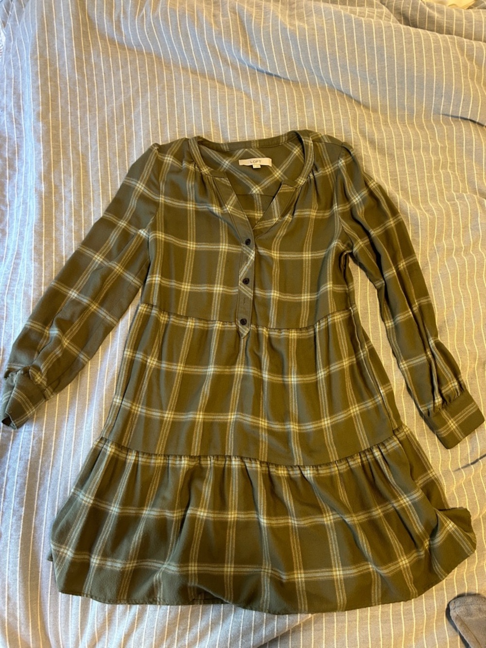 LOFT Olive Plaid Tiered Dress